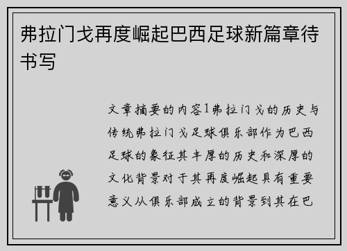弗拉门戈再度崛起巴西足球新篇章待书写