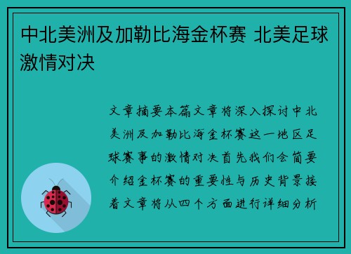 中北美洲及加勒比海金杯赛 北美足球激情对决
