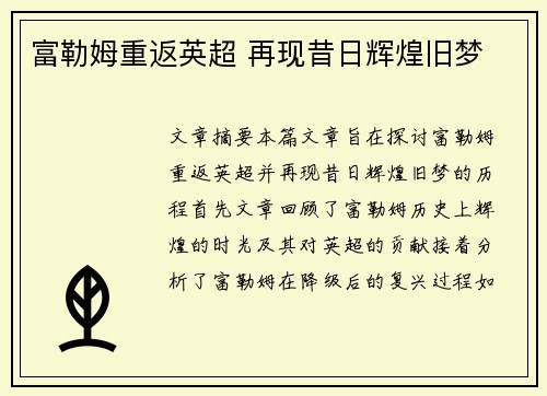 富勒姆重返英超 再现昔日辉煌旧梦