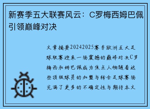 新赛季五大联赛风云：C罗梅西姆巴佩引领巅峰对决