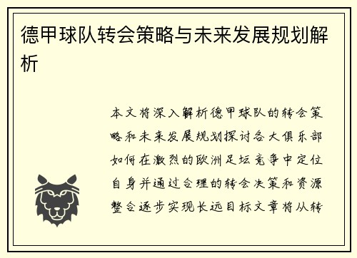 德甲球队转会策略与未来发展规划解析